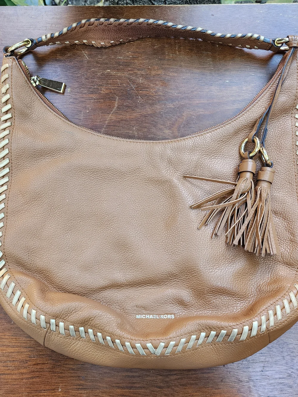 Michael Kors Lauryn Large Brown Leather Shoulder Bag Hobo Whipstitch Tassel